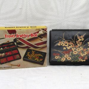 Vintage Original 70s 80s Travel Jewellery Box Black Floral Made in Hong Kong